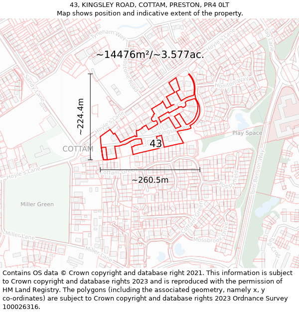 43, KINGSLEY ROAD, COTTAM, PRESTON, PR4 0LT: Plot and title map