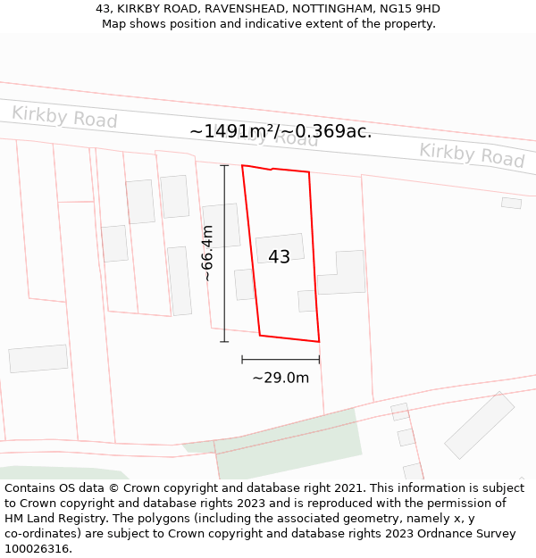 43, KIRKBY ROAD, RAVENSHEAD, NOTTINGHAM, NG15 9HD: Plot and title map