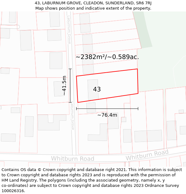 43, LABURNUM GROVE, CLEADON, SUNDERLAND, SR6 7RJ: Plot and title map