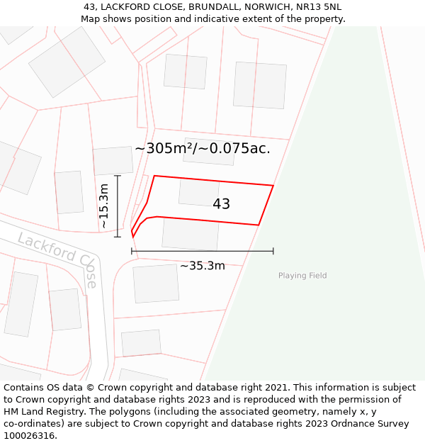 43, LACKFORD CLOSE, BRUNDALL, NORWICH, NR13 5NL: Plot and title map