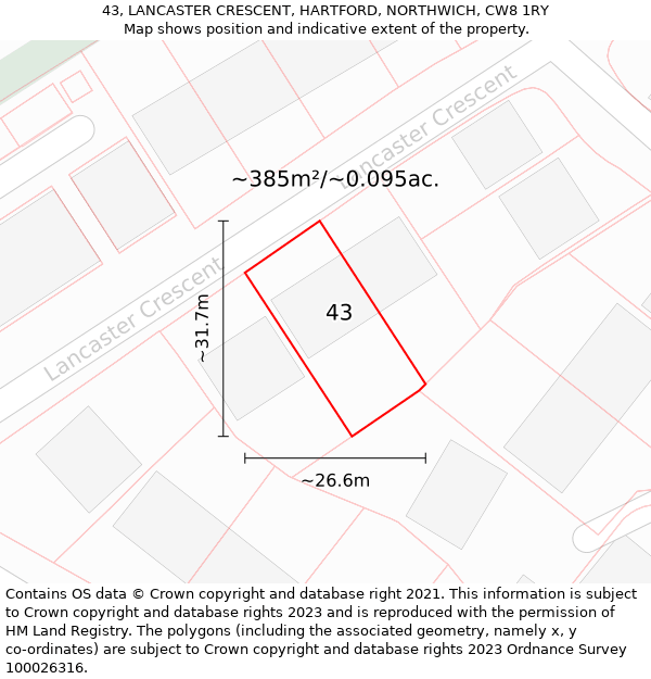 43, LANCASTER CRESCENT, HARTFORD, NORTHWICH, CW8 1RY: Plot and title map