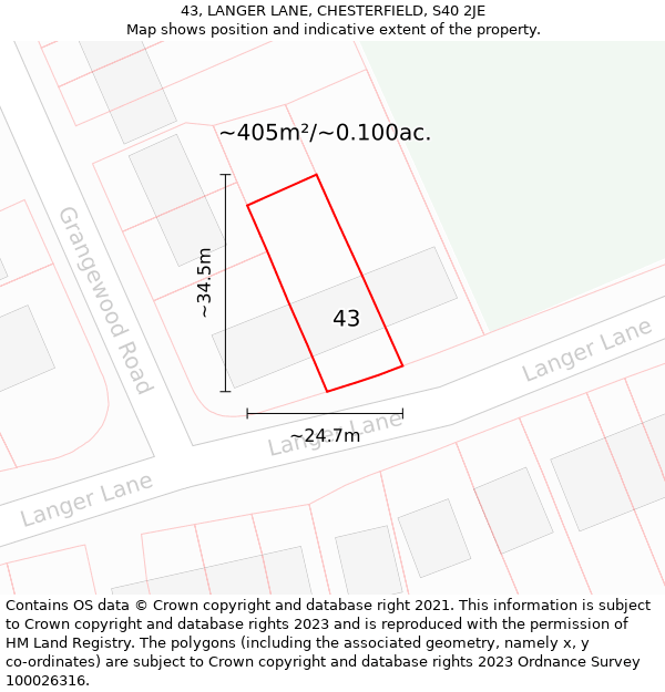 43, LANGER LANE, CHESTERFIELD, S40 2JE: Plot and title map