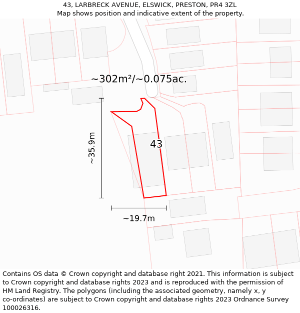 43, LARBRECK AVENUE, ELSWICK, PRESTON, PR4 3ZL: Plot and title map