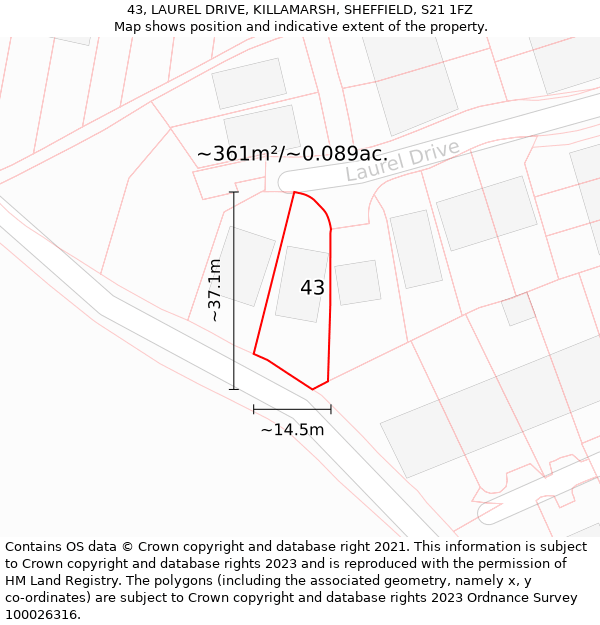 43, LAUREL DRIVE, KILLAMARSH, SHEFFIELD, S21 1FZ: Plot and title map