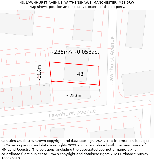 43, LAWNHURST AVENUE, WYTHENSHAWE, MANCHESTER, M23 9RW: Plot and title map