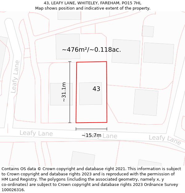 43, LEAFY LANE, WHITELEY, FAREHAM, PO15 7HL: Plot and title map