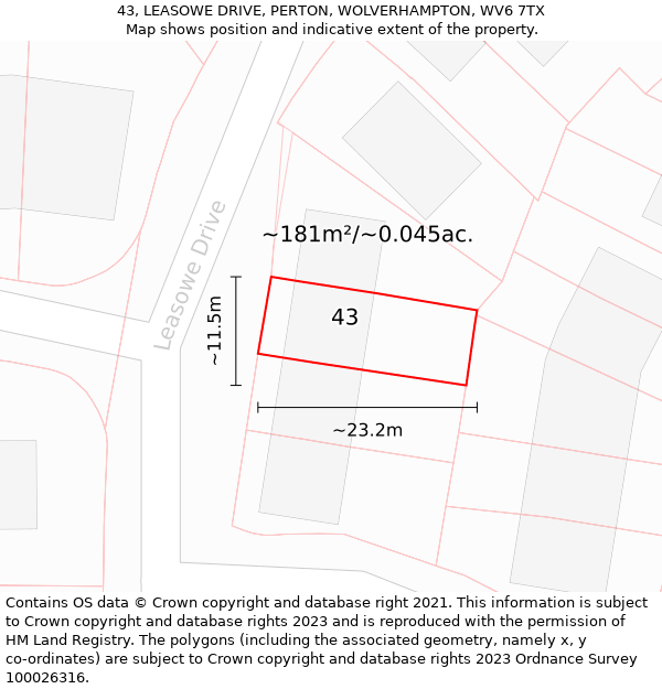 43, LEASOWE DRIVE, PERTON, WOLVERHAMPTON, WV6 7TX: Plot and title map