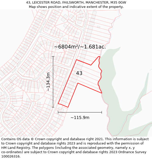 43, LEICESTER ROAD, FAILSWORTH, MANCHESTER, M35 0GW: Plot and title map