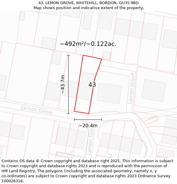 43, LEMON GROVE, WHITEHILL, BORDON, GU35 9BD: Plot and title map