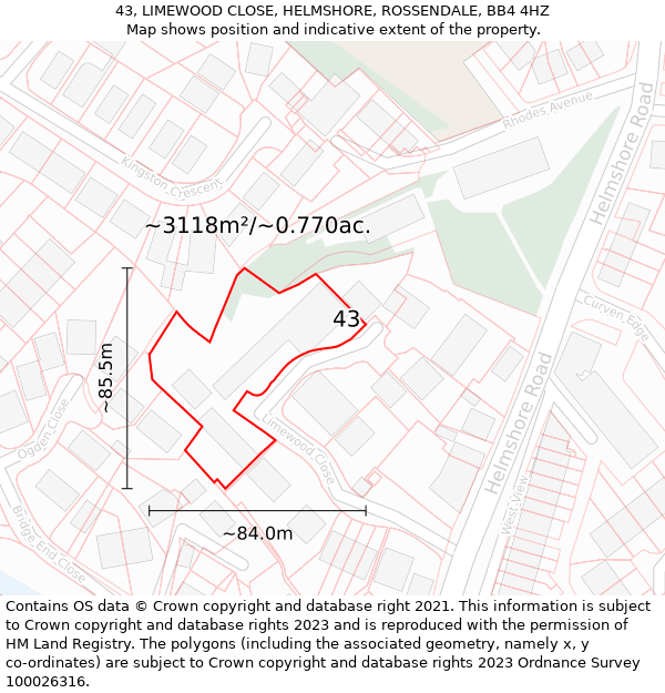 43, LIMEWOOD CLOSE, HELMSHORE, ROSSENDALE, BB4 4HZ: Plot and title map
