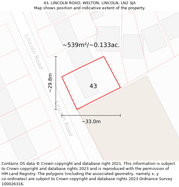 43, LINCOLN ROAD, WELTON, LINCOLN, LN2 3JA: Plot and title map
