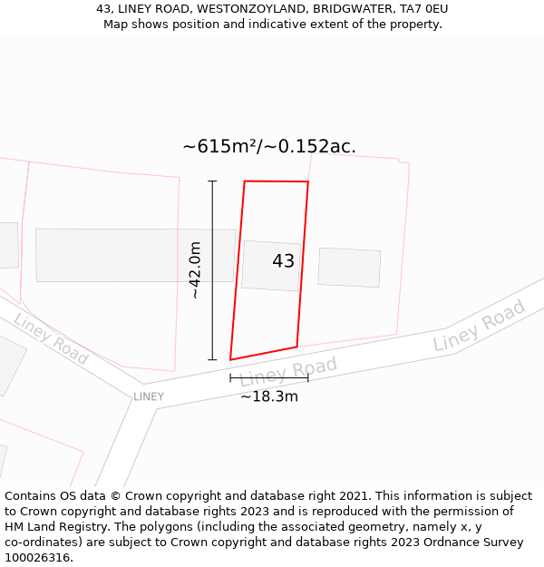 43, LINEY ROAD, WESTONZOYLAND, BRIDGWATER, TA7 0EU: Plot and title map