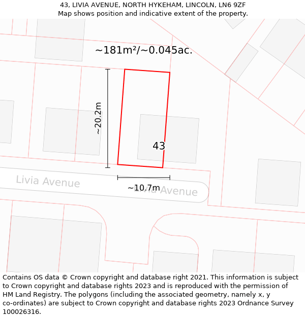 43, LIVIA AVENUE, NORTH HYKEHAM, LINCOLN, LN6 9ZF: Plot and title map