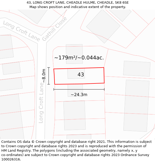 43, LONG CROFT LANE, CHEADLE HULME, CHEADLE, SK8 6SE: Plot and title map