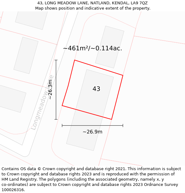 43, LONG MEADOW LANE, NATLAND, KENDAL, LA9 7QZ: Plot and title map