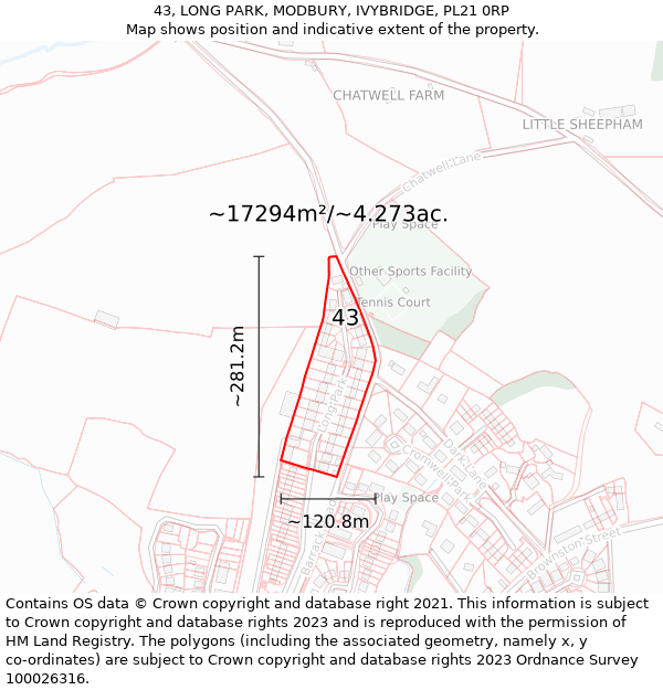 43, LONG PARK, MODBURY, IVYBRIDGE, PL21 0RP: Plot and title map
