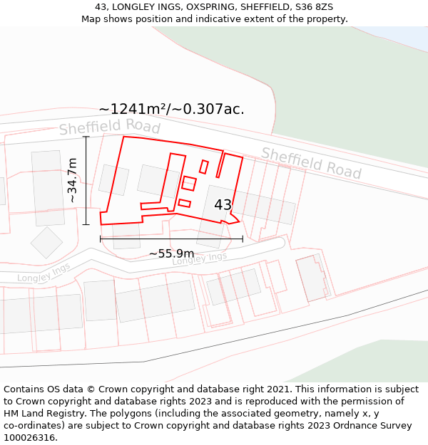 43, LONGLEY INGS, OXSPRING, SHEFFIELD, S36 8ZS: Plot and title map