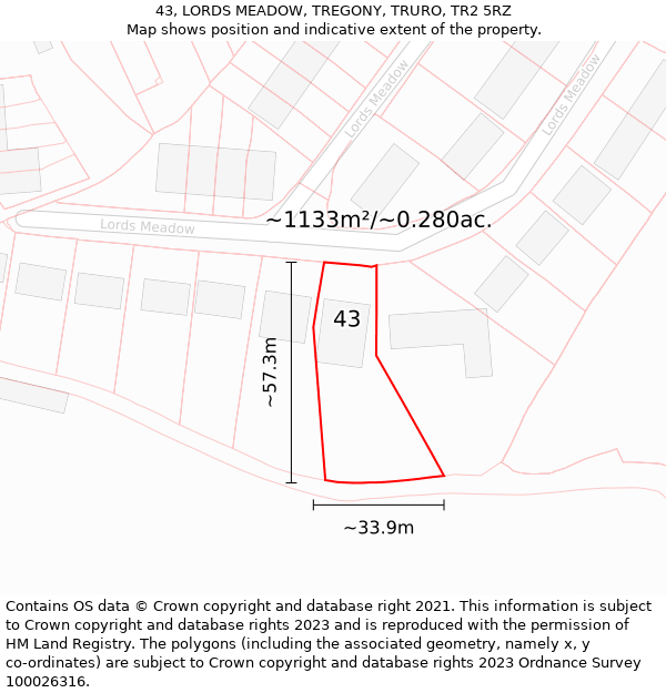 43, LORDS MEADOW, TREGONY, TRURO, TR2 5RZ: Plot and title map