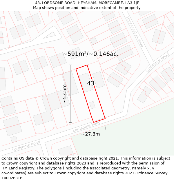 43, LORDSOME ROAD, HEYSHAM, MORECAMBE, LA3 1JE: Plot and title map