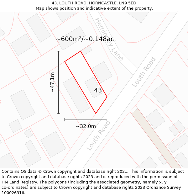 43, LOUTH ROAD, HORNCASTLE, LN9 5ED: Plot and title map