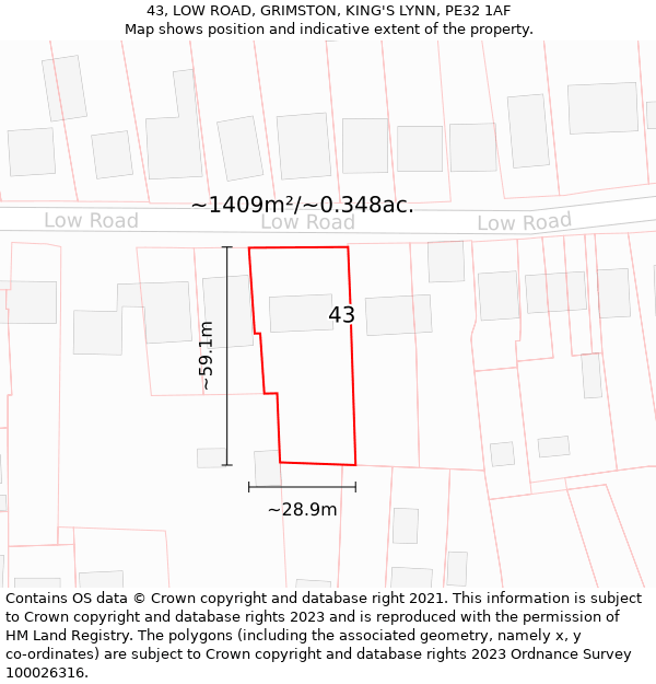 43, LOW ROAD, GRIMSTON, KING'S LYNN, PE32 1AF: Plot and title map