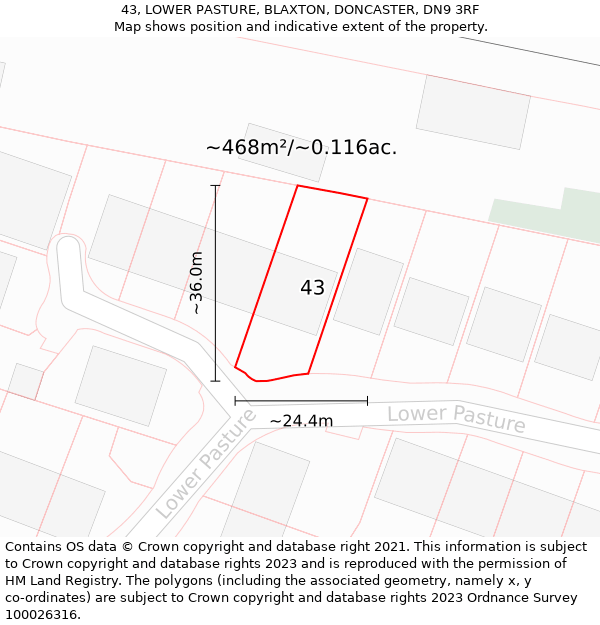 43, LOWER PASTURE, BLAXTON, DONCASTER, DN9 3RF: Plot and title map