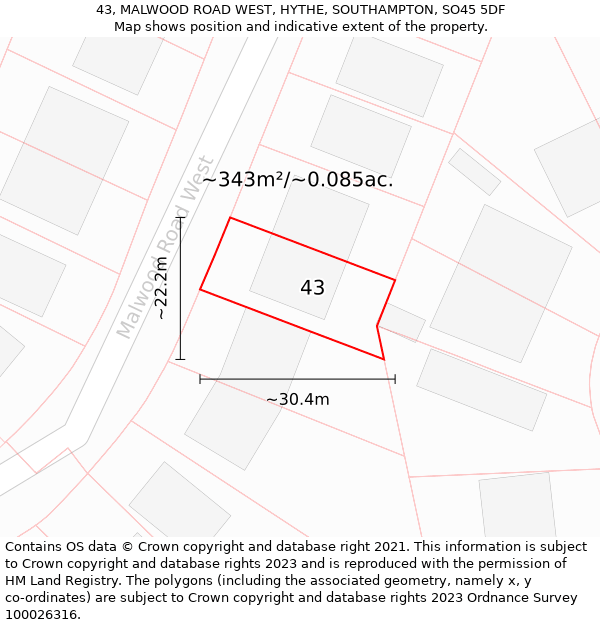 43, MALWOOD ROAD WEST, HYTHE, SOUTHAMPTON, SO45 5DF: Plot and title map