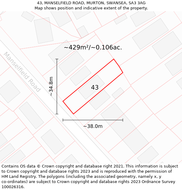 43, MANSELFIELD ROAD, MURTON, SWANSEA, SA3 3AG: Plot and title map
