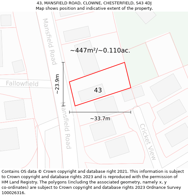 43, MANSFIELD ROAD, CLOWNE, CHESTERFIELD, S43 4DJ: Plot and title map