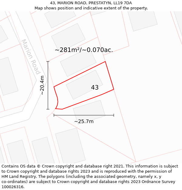 43, MARION ROAD, PRESTATYN, LL19 7DA: Plot and title map