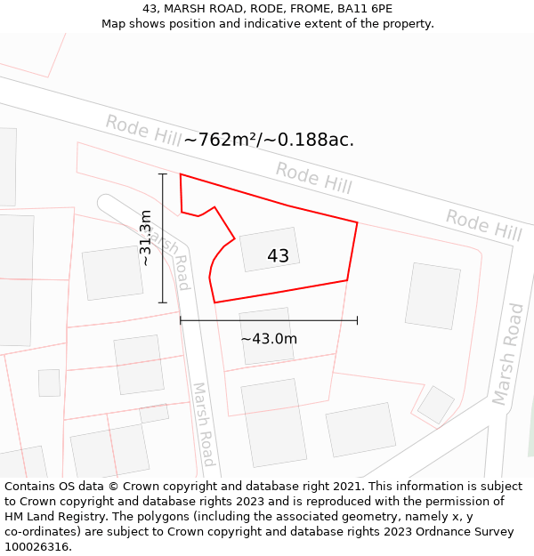 43, MARSH ROAD, RODE, FROME, BA11 6PE: Plot and title map