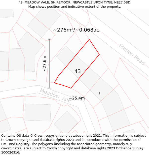 43, MEADOW VALE, SHIREMOOR, NEWCASTLE UPON TYNE, NE27 0BD: Plot and title map