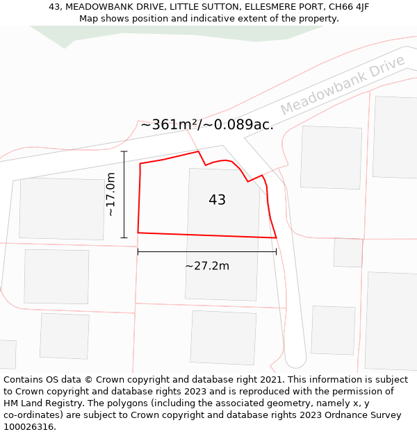 43, MEADOWBANK DRIVE, LITTLE SUTTON, ELLESMERE PORT, CH66 4JF: Plot and title map