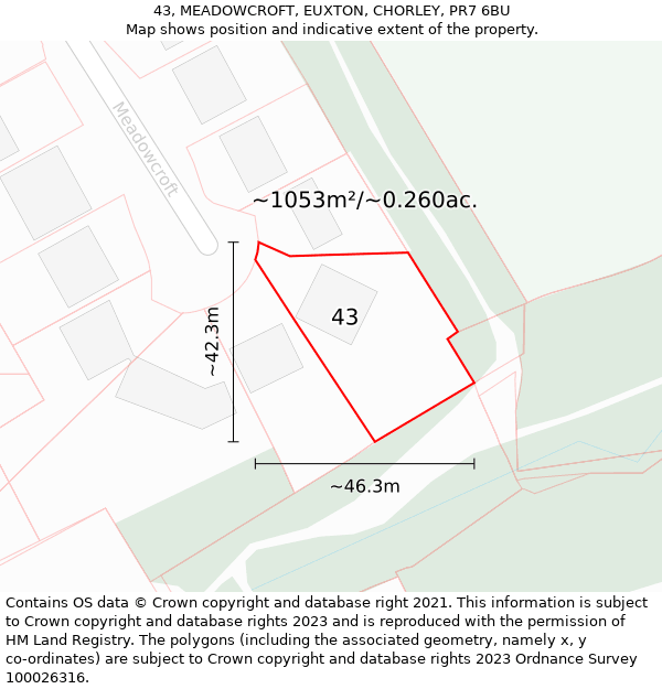 43, MEADOWCROFT, EUXTON, CHORLEY, PR7 6BU: Plot and title map