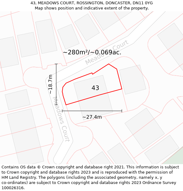 43, MEADOWS COURT, ROSSINGTON, DONCASTER, DN11 0YG: Plot and title map