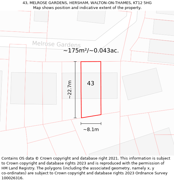 43, MELROSE GARDENS, HERSHAM, WALTON-ON-THAMES, KT12 5HG: Plot and title map