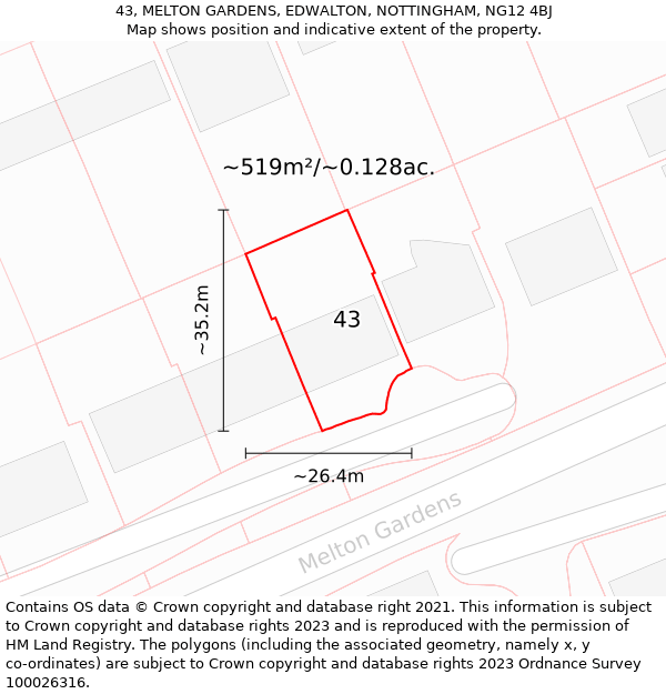 43, MELTON GARDENS, EDWALTON, NOTTINGHAM, NG12 4BJ: Plot and title map