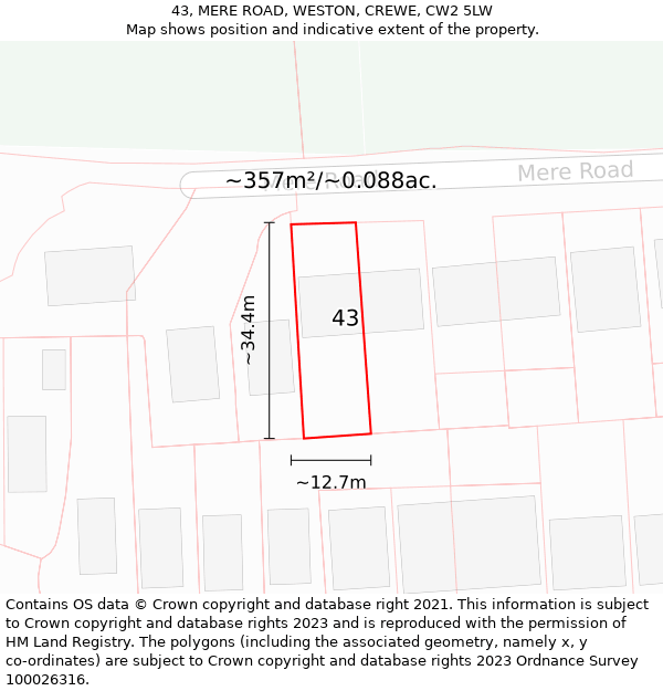 43, MERE ROAD, WESTON, CREWE, CW2 5LW: Plot and title map