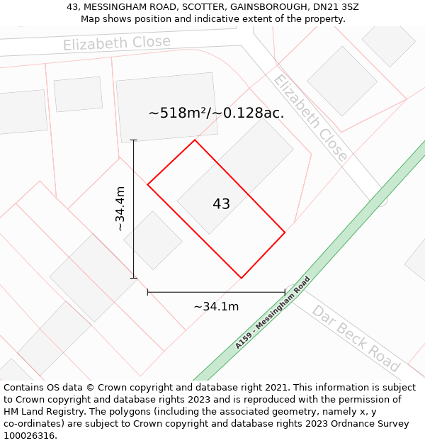 43, MESSINGHAM ROAD, SCOTTER, GAINSBOROUGH, DN21 3SZ: Plot and title map