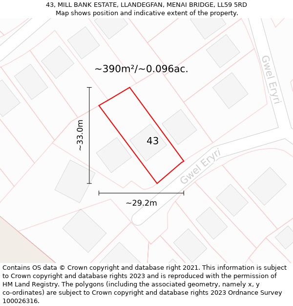 43, MILL BANK ESTATE, LLANDEGFAN, MENAI BRIDGE, LL59 5RD: Plot and title map