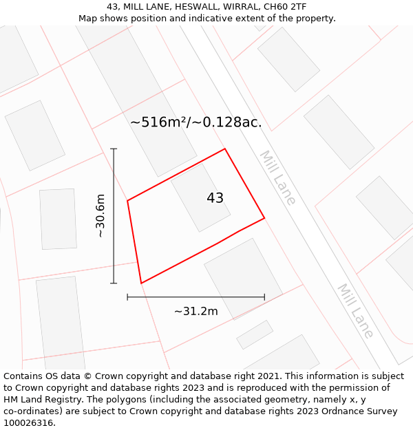 43, MILL LANE, HESWALL, WIRRAL, CH60 2TF: Plot and title map