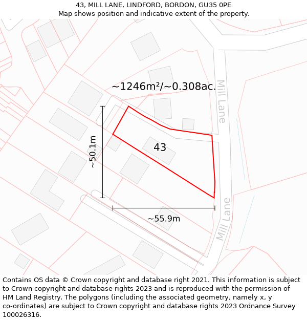 43, MILL LANE, LINDFORD, BORDON, GU35 0PE: Plot and title map