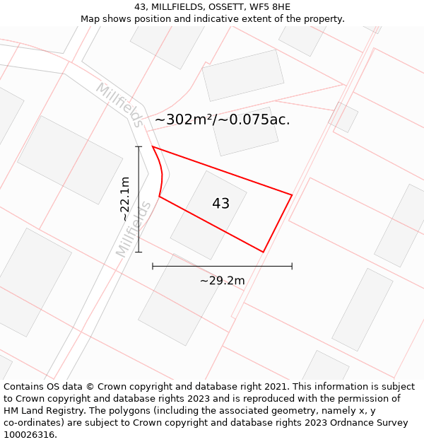 43, MILLFIELDS, OSSETT, WF5 8HE: Plot and title map