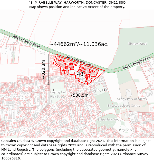 43, MIRABELLE WAY, HARWORTH, DONCASTER, DN11 8SQ: Plot and title map