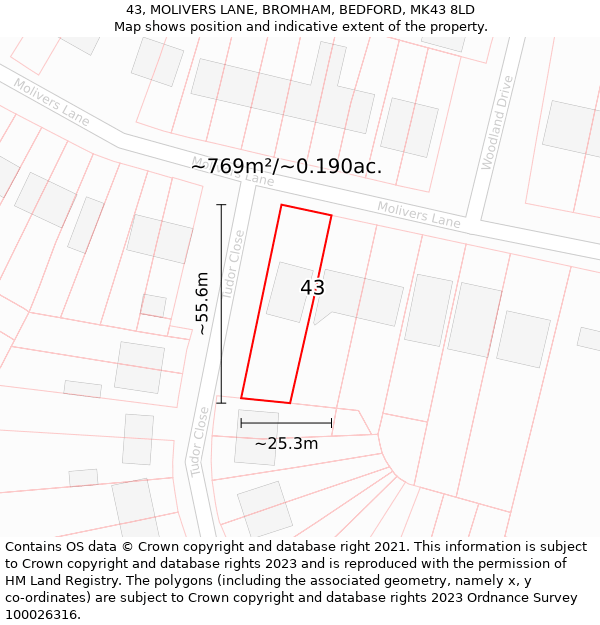 43, MOLIVERS LANE, BROMHAM, BEDFORD, MK43 8LD: Plot and title map