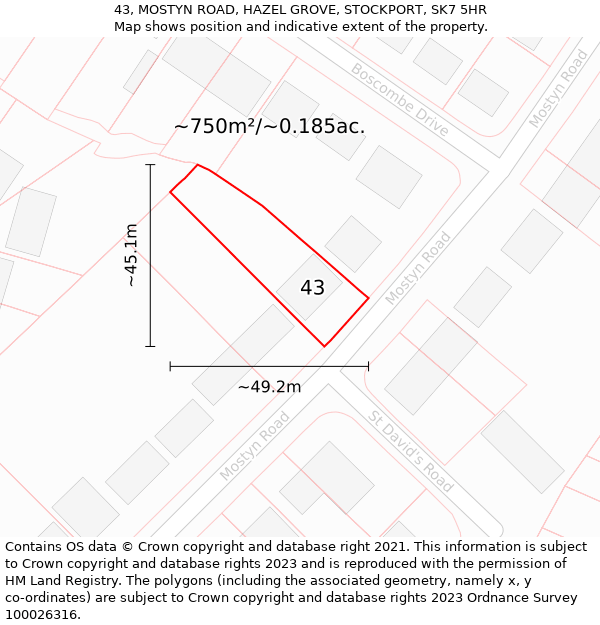 43, MOSTYN ROAD, HAZEL GROVE, STOCKPORT, SK7 5HR: Plot and title map