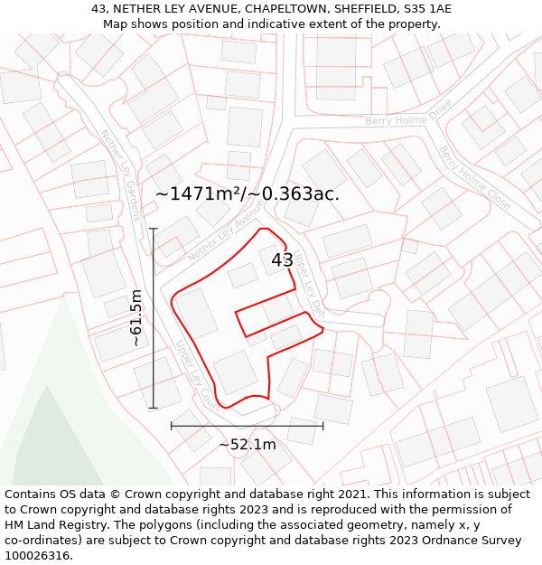 43, NETHER LEY AVENUE, CHAPELTOWN, SHEFFIELD, S35 1AE: Plot and title map