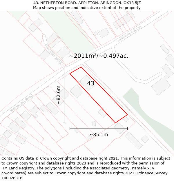 43, NETHERTON ROAD, APPLETON, ABINGDON, OX13 5JZ: Plot and title map