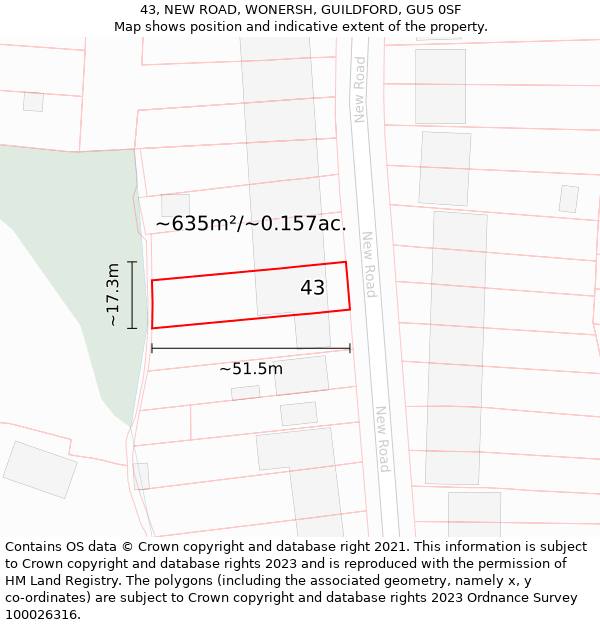 43, NEW ROAD, WONERSH, GUILDFORD, GU5 0SF: Plot and title map