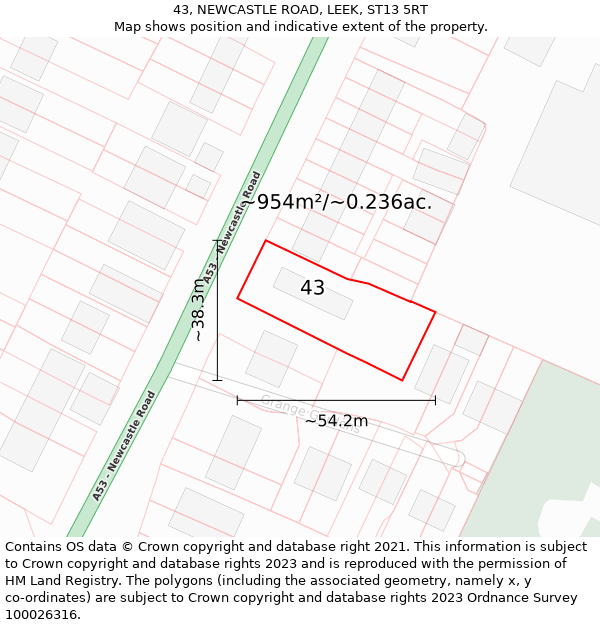 43, NEWCASTLE ROAD, LEEK, ST13 5RT: Plot and title map